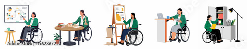 Inclusive workplace flat vector illustrations showing a professional woman in a wheelchair performing various office tasks like brainstorming, presenting, and organizing files.