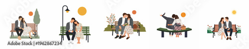 Flat vector illustration set of romantic couples sitting on park benches, sharing intimate moments in various minimalist outdoor settings with sun and nature.