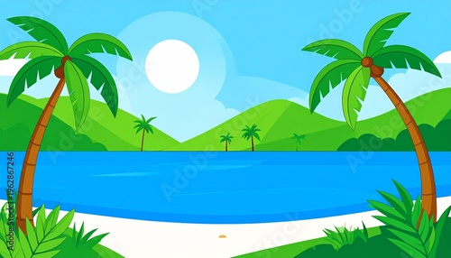 Tropical Beach Landscape Illustration with Palm Trees and Blue Ocean Vector