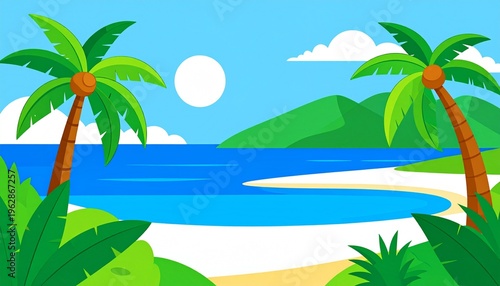 Cartoon Tropical Island Beach Landscape with Palm Trees and Blue Ocean