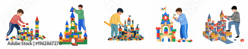 Collection of Illustrations Featuring a Boy Building Various Elaborate Castles with Colorful Toy Blocks