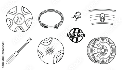 Set of car wheel hubcaps, weights, wrench, and tools line art vector illustration
