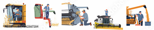 Flat vector illustration collection of farmers operating and maintaining combine harvesters during the wheat harvest season in rural agricultural fields.