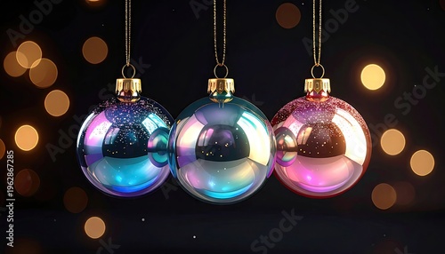 Three iridescent ornaments hanging with bokeh lights in the background