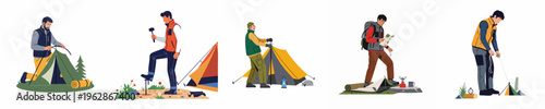 Set of flat illustrations featuring men engaged in various camping activities, including setting up tents, using maps, and preparing gear outdoors.