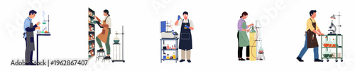 Set of scientists and laboratory workers performing experiments, using equipment like microscopes and flasks, in a flat vector illustration style isolated on white.