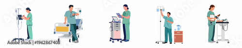 Flat vector illustration set of diverse medical staff in green scrubs performing various clinical tasks and monitoring patients in a hospital environment.