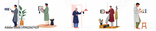 Set of illustrations featuring men in bathrobes using various smart home devices like control panels, security systems, and tablets for home automation.