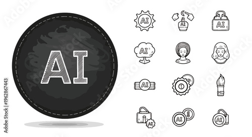 Artificial intelligence technology symbols and icons on a plain surface