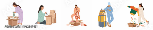 Diverse set of illustrations featuring young women unpacking delivery boxes, trying on new clothes, and managing online shopping parcels at home.