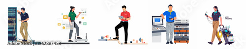 Set of diverse IT professionals and network technicians performing maintenance, data analysis, and telecommunications testing in a data center and office environment.