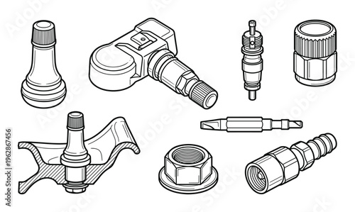Set of tire valve stems, caps, and repair tools line art vector illustration