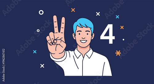 Smiling man with blue hair showing a peace sign gesture while the number four is displayed in the background.