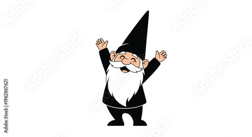 Black and white silhouette of a garden gnome character with a tall pointed hat and beard standing with arms raised.