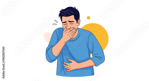 Young man expressing physical discomfort while holding his stomach and covering his mouth as if feeling nauseous.