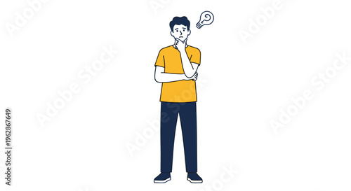 Thoughtful man in a yellow shirt standing with his hand on his chin and a question mark above his head for uncertainty.