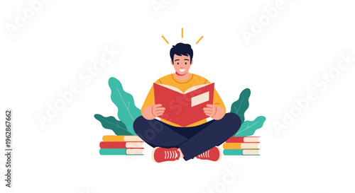 Enthusiastic young man sitting cross-legged on the floor and reading a large red book with stacks of books nearby.