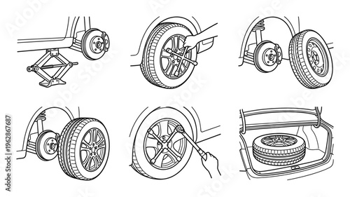 Step by step instructions for changing flat tire on car using jack lug wrench and spare wheel in trunk