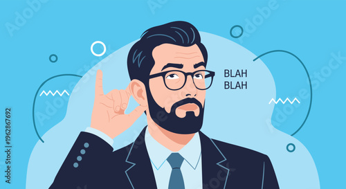 Man wearing glasses holding his hand to his ear trying to listen over the sound of 'blah blah' chatter background.