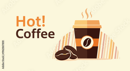 Steaming cup of hot coffee with coffee beans and decorative stripes on a light background invites viewers for a delicious morning caffeine break.