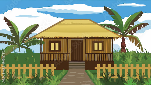 A charming tropical hut with a thatched roof and surrounding greenery