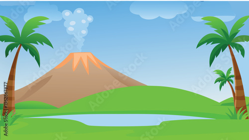 Cartoon illustration of a volcanic eruption with tropical landscape