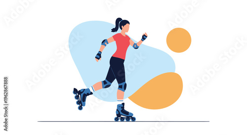 Active woman in a red shirt and black leggings enjoys rollerblading with protective gear against a modern abstract background in a city park.