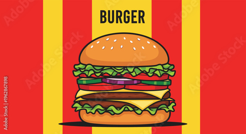 Delicious double cheeseburger with fresh lettuce, tomatoes, onions, and pickles is presented on a vibrant red and yellow striped background.