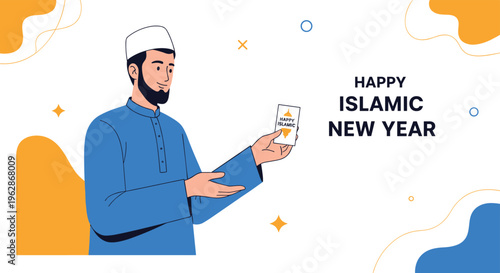 Muslim man in a traditional blue robe and white kufi hat holds a greeting card for the Islamic New Year celebration against a festive backdrop.