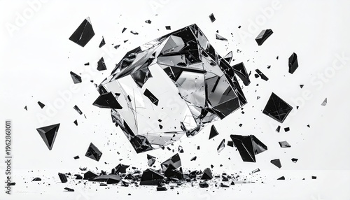 Fractured, mirrored cube exploding in mid-air against white