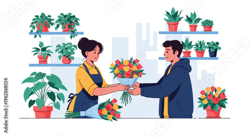 Friendly female florist in an apron hands a colorful bouquet of flowers to a male customer in a bright flower shop filled with potted plants.