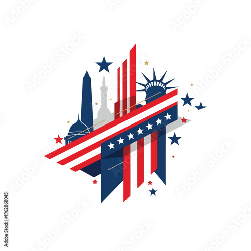 Patriotic abstract featuring famous monuments and decorative elements