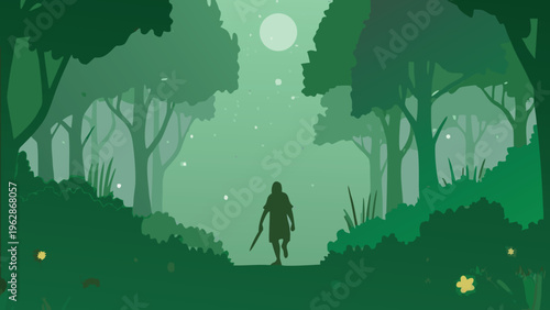 A lone figure walks through a stylized green toned forest landscape