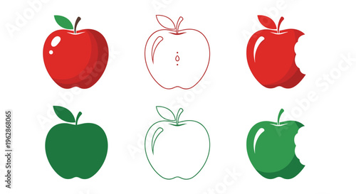 Collection of red and green apple icons including whole fruits, bitten versions, and simple outlines are arranged on a white background.