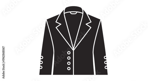 Elegant black blazer jacket for women or men is shown as a flat vector icon with white outlines and button details for fashion retail design.