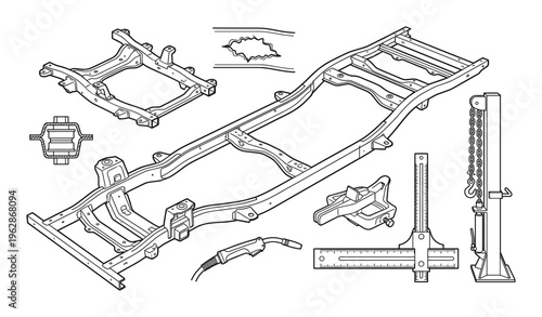 Vehicle chassis frame construction welding jack measurement tools heavy duty truck frame assembly