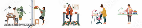 Set of illustrations showing a woman working and doing various activities at her home office, representing remote work and daily life