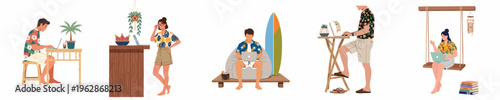 Flat illustration set of people working remotely from tropical locations, digital nomads in Hawaiian shirts using laptops in summer vacation settings.