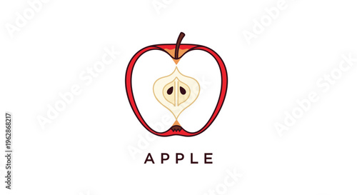 Simple vector illustration of a red apple cut in half to show the core and seeds with the word apple written underneath in capital letters.