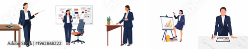 Set of flat illustrations featuring a professional businesswoman in diverse office scenarios, from delivering presentations to analyzing data and working at her desk.