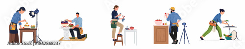 Flat illustration set of professional food stylists and photographers working in a studio, arranging fruits and preparing food for commercial photoshoots.