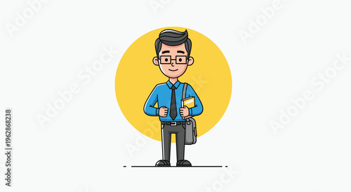 Smart professional man with glasses and a blue shirt carries a messenger bag and a book while standing in front of a yellow circle.