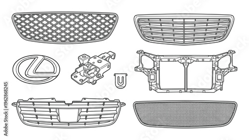 Vehicle front grille assembly and radiator support frame isometric line drawings with emblem badge