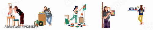 A series of illustrations showing a young woman applying makeup and getting ready in her bedroom wearing pajamas and graphic band t-shirts.