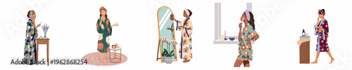 Diverse women in floral robes performing skincare routines, applying face cream and masks in various home settings, flat illustration style.