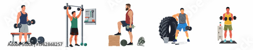 Flat vector illustration of men performing various strength training and bodybuilding exercises in a gym setting with dumbbells and fitness equipment.