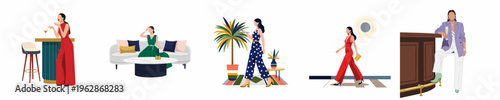 Collection of stylish women in chic social environments like bars and lounges, featuring fashionable outfits and a minimalist flat design.