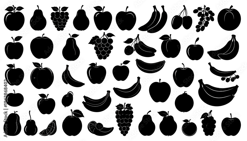 Fototapeta premium Black silhouette assortment of various fruits on white background