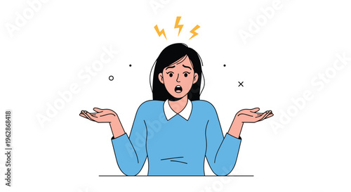 Confused woman in a blue shirt shrugs her shoulders and spreads her hands to show she does not know the answer or is uncertain about something.