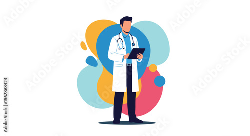 Professional male doctor in a white coat with a stethoscope around his neck uses a digital tablet against a colorful abstract background.